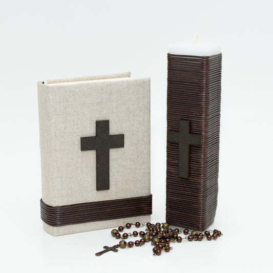 Kit De Comunión o Confirmación Para Niño, Chocolate, Gris, Marino. Biblia, Vela, Rosario