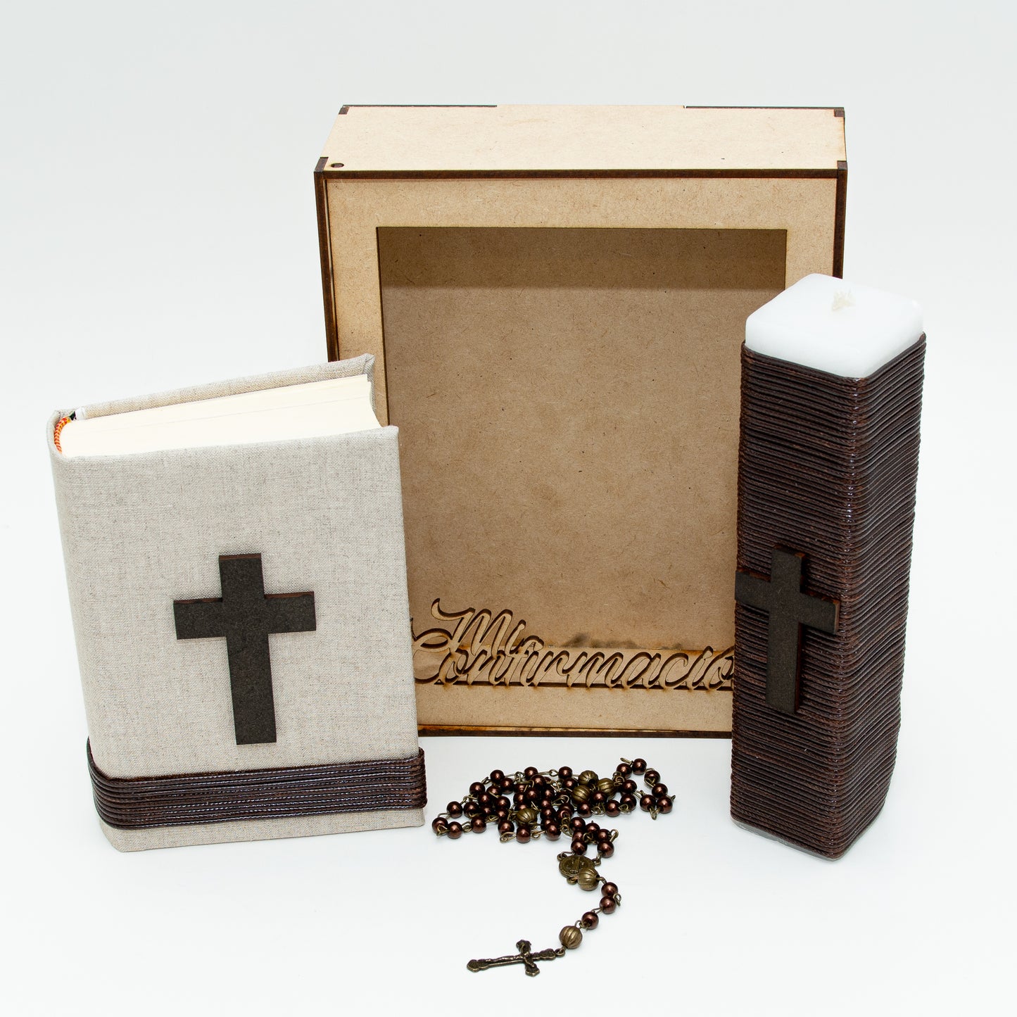 Kit De Comunión o Confirmación Para Niño, Chocolate, Gris, Marino. Biblia, Vela, Rosario