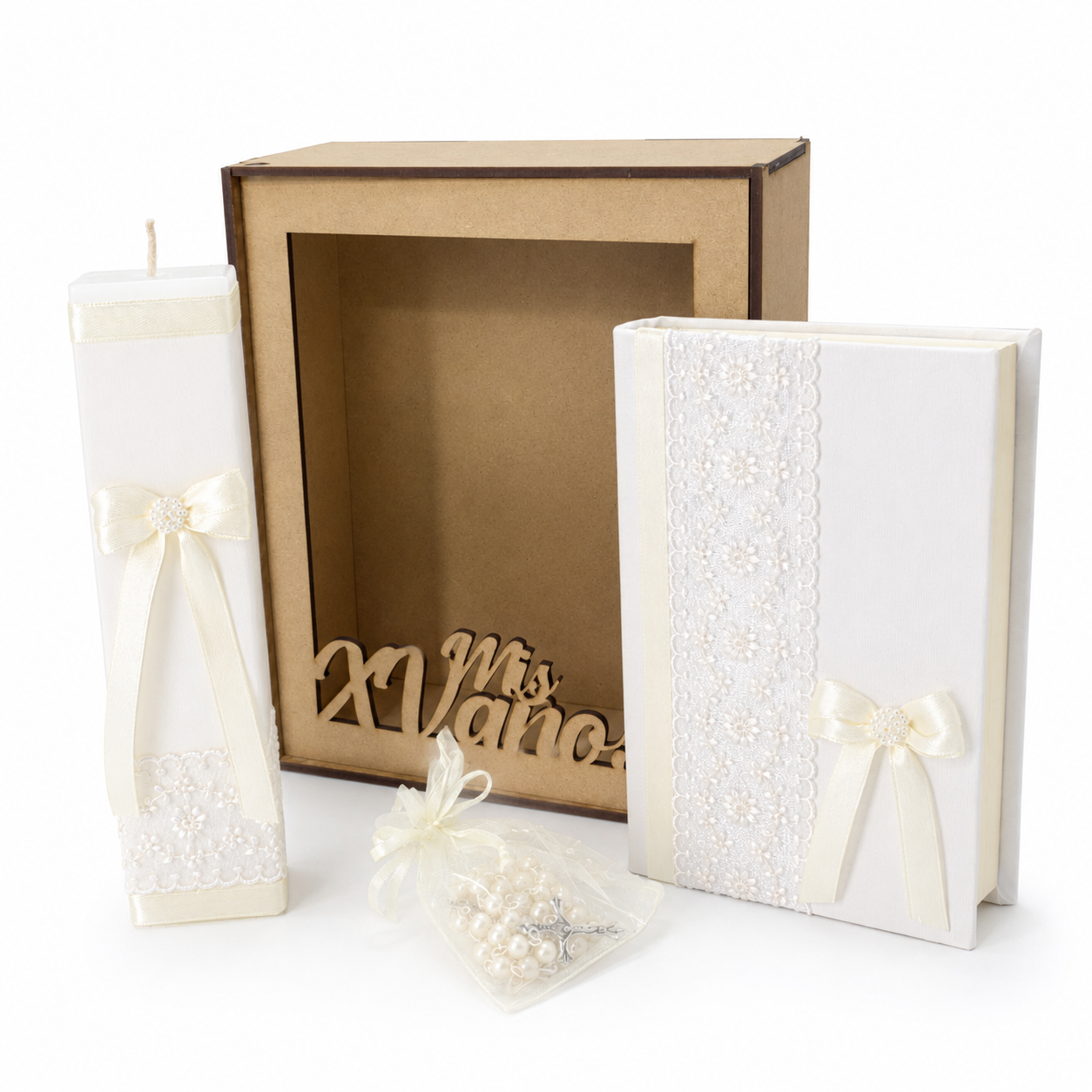 Kit de Boda, Comunión o Confirmación Beige con Guipur — Biblia, Vela y Rosario | Casa Gala