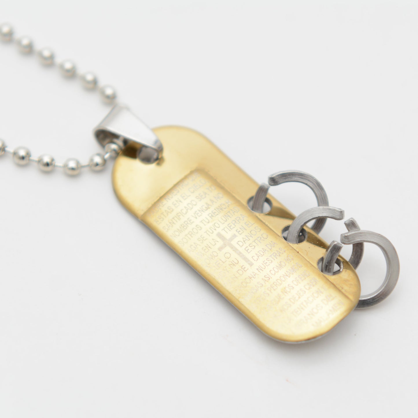 Collar Con Padre Nuestro Tipo Militar Plateado Y 3 Aros