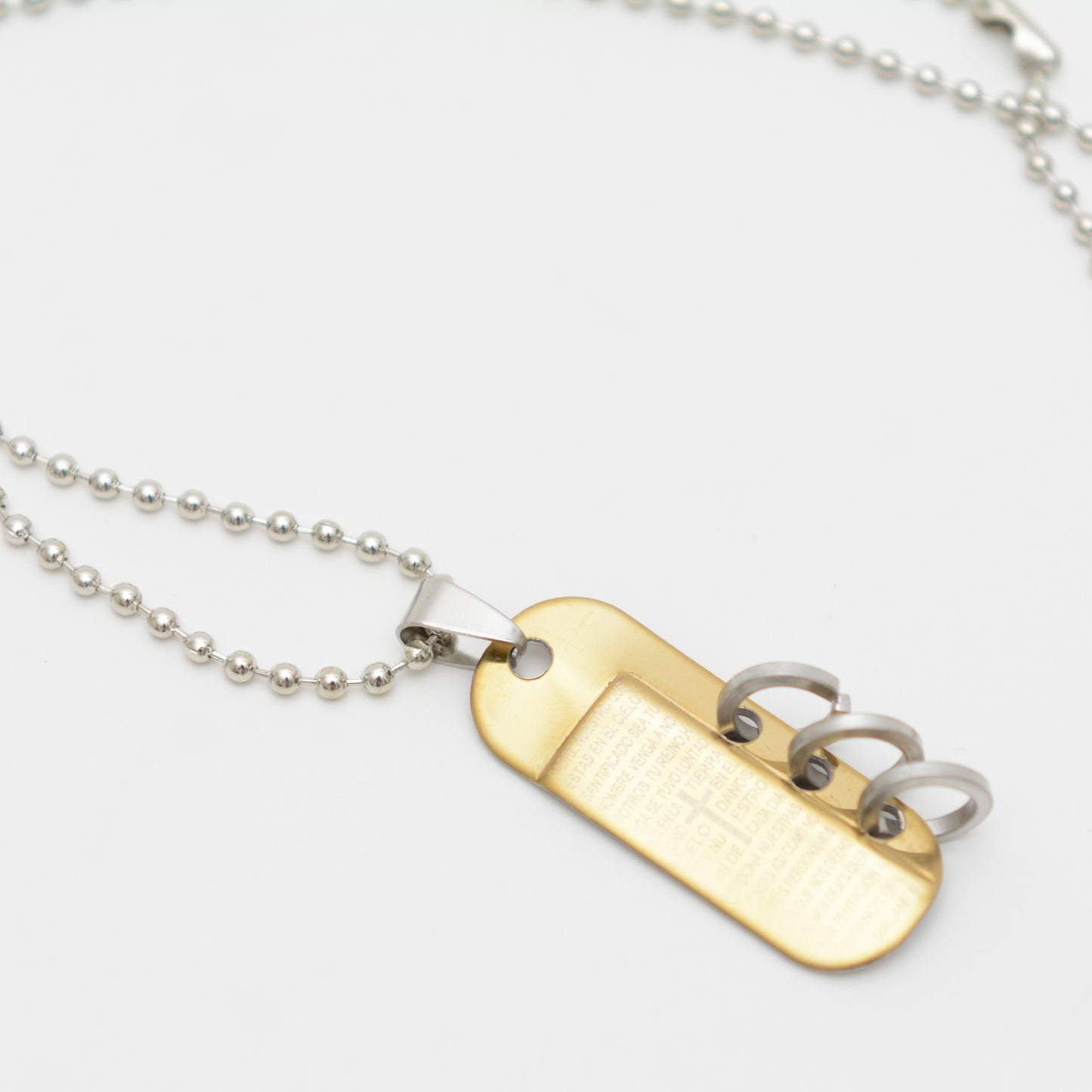 Collar Con Padre Nuestro Tipo Militar Plateado Y 3 Aros