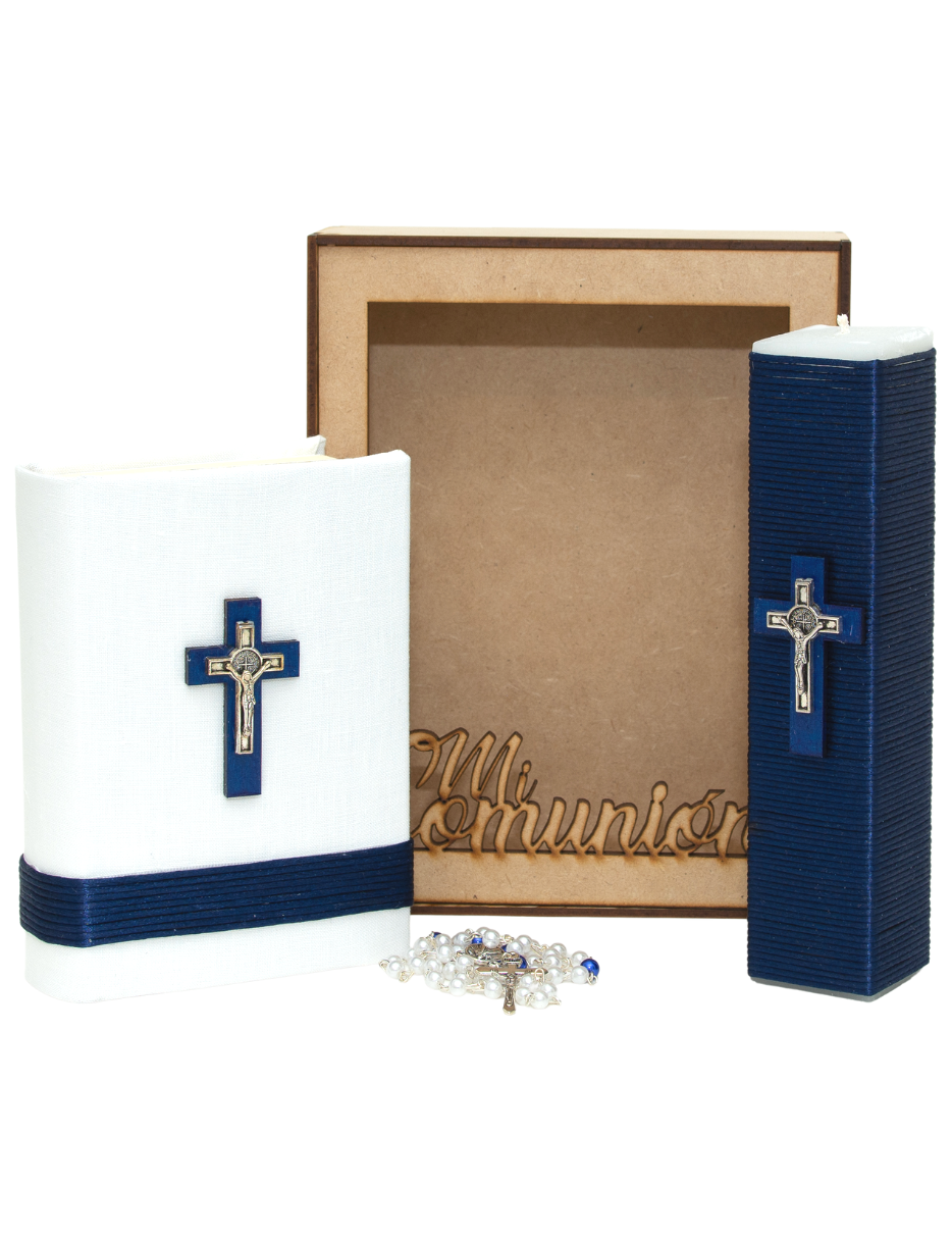 Kit De Comunión o Confirmación Para Niño, Chocolate, Gris, Marino. Biblia, Vela, Rosario