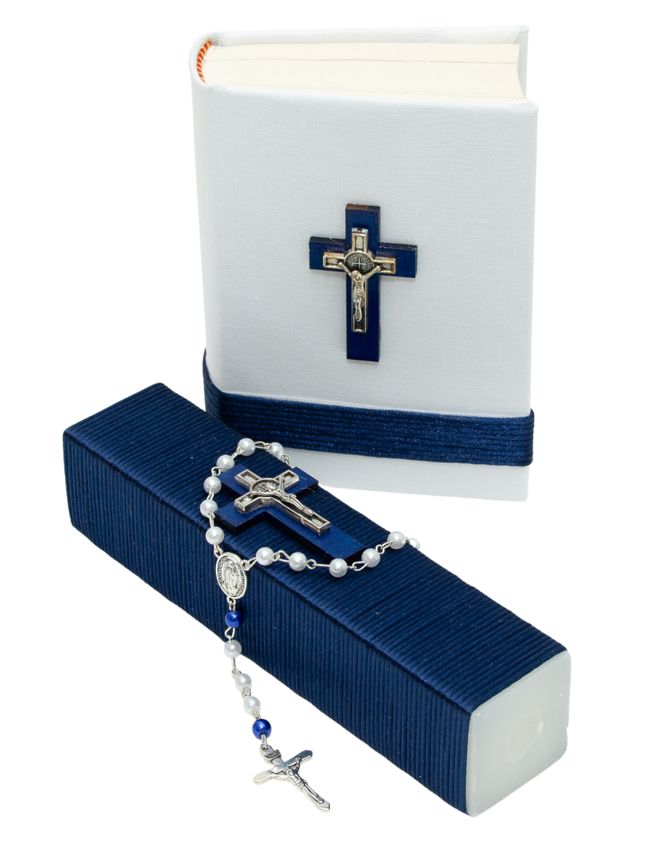 Kit De Comunión o Confirmación Para Niño, Chocolate, Gris, Marino. Biblia, Vela, Rosario