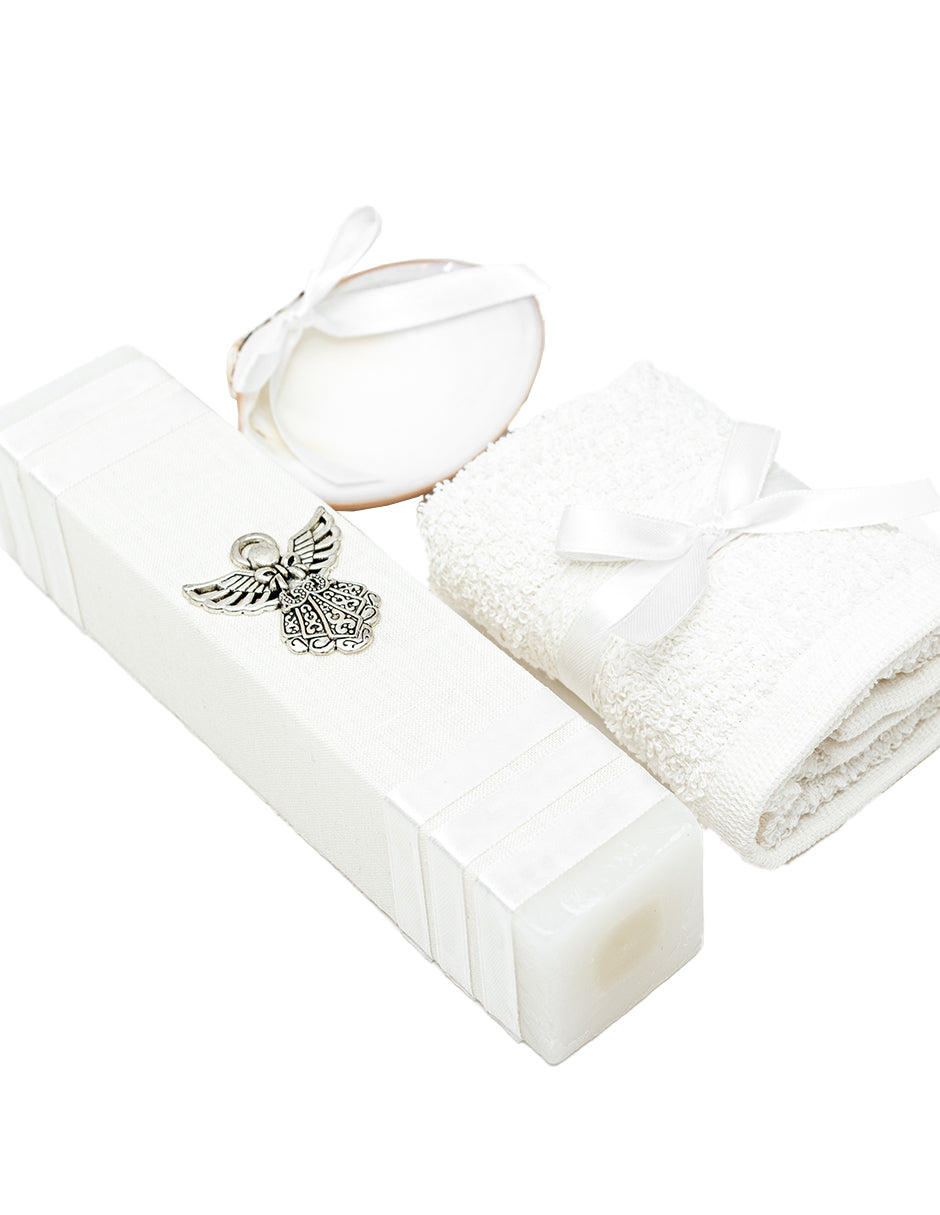 Kit Bautizo Blanco Para Niño Niña Con Angel Concha Natural