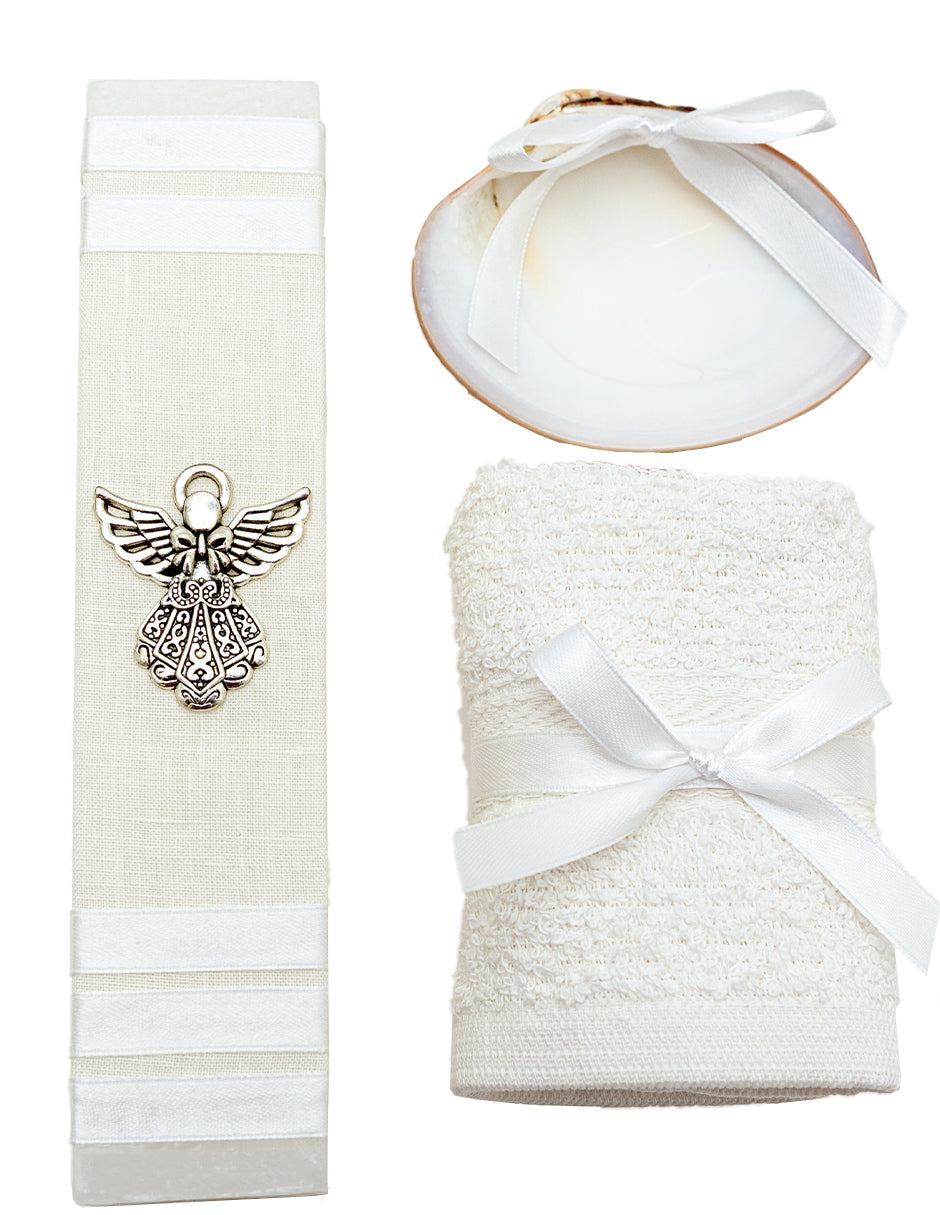 Kit Bautizo Blanco Para Niño Niña Con Angel Concha Natural