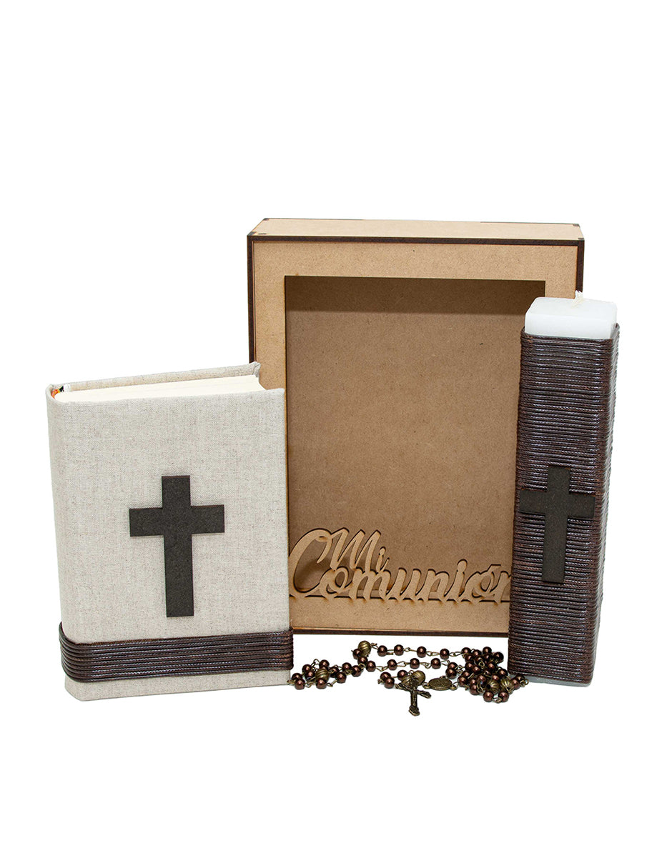Kit De Comunión o Confirmación Para Niño, Chocolate, Gris, Marino. Biblia, Vela, Rosario