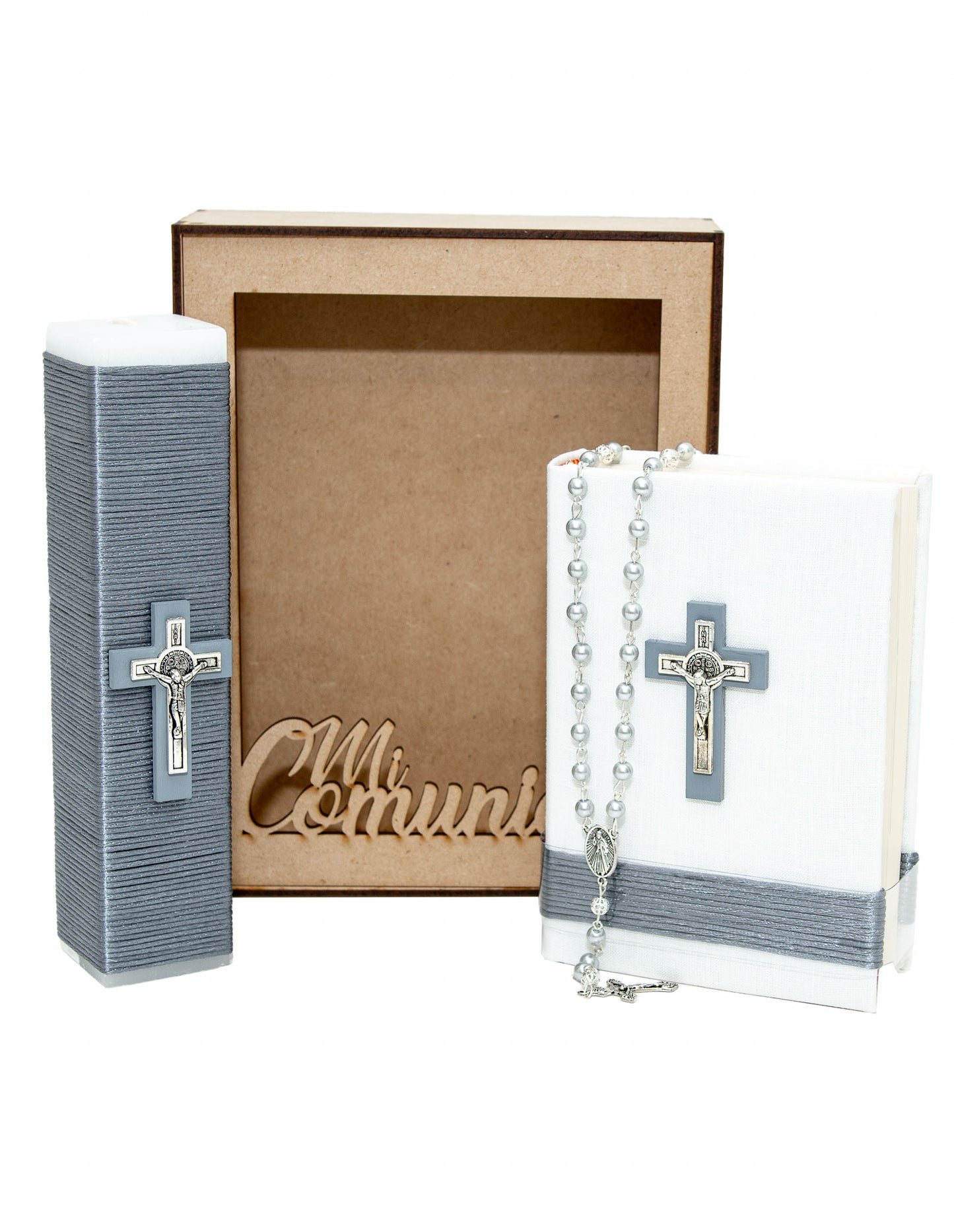 Kit De Comunión o Confirmación Para Niño, Chocolate, Gris, Marino. Biblia, Vela, Rosario