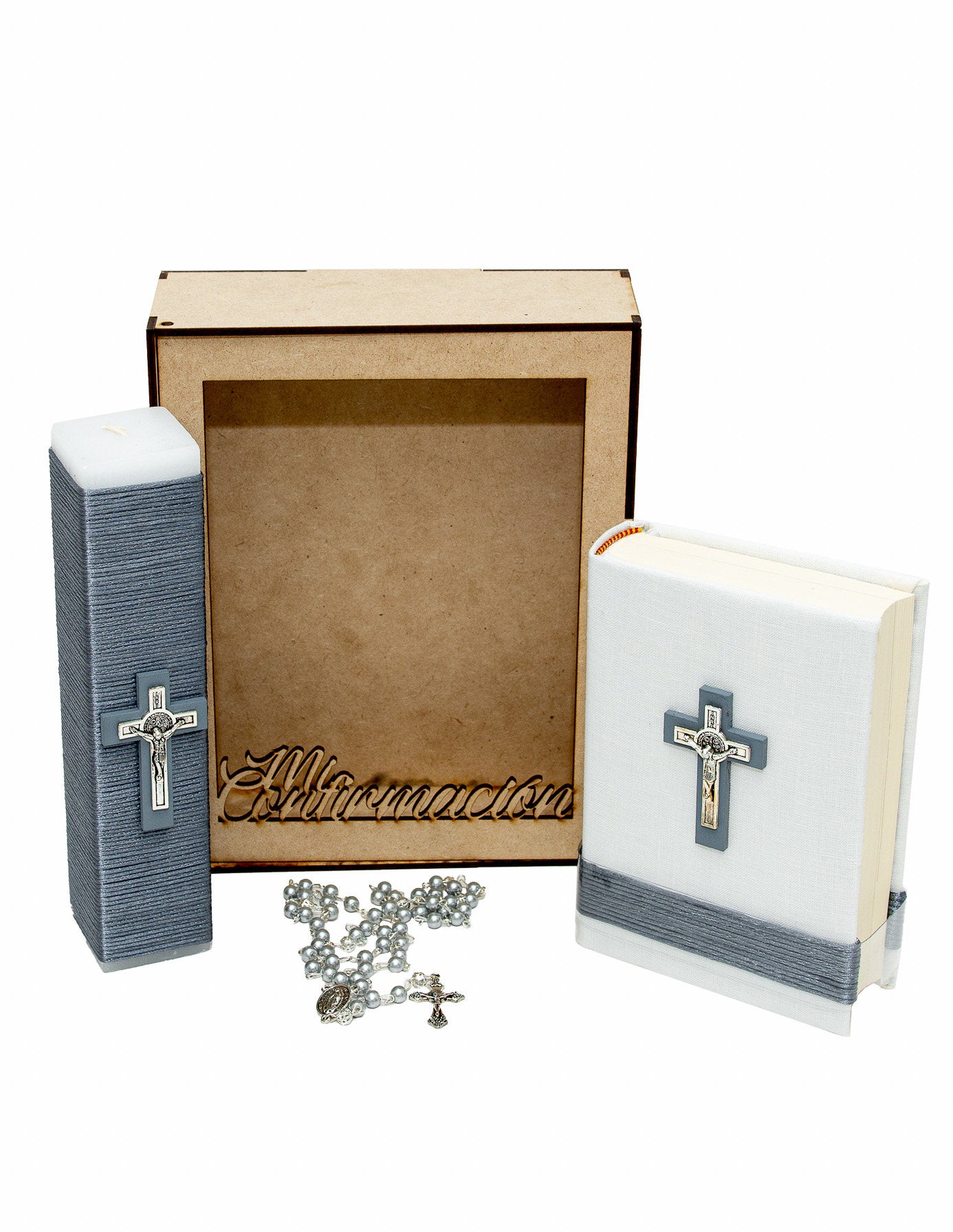 Kit De Comunión o Confirmación Para Niño, Chocolate, Gris, Marino. Biblia, Vela, Rosario