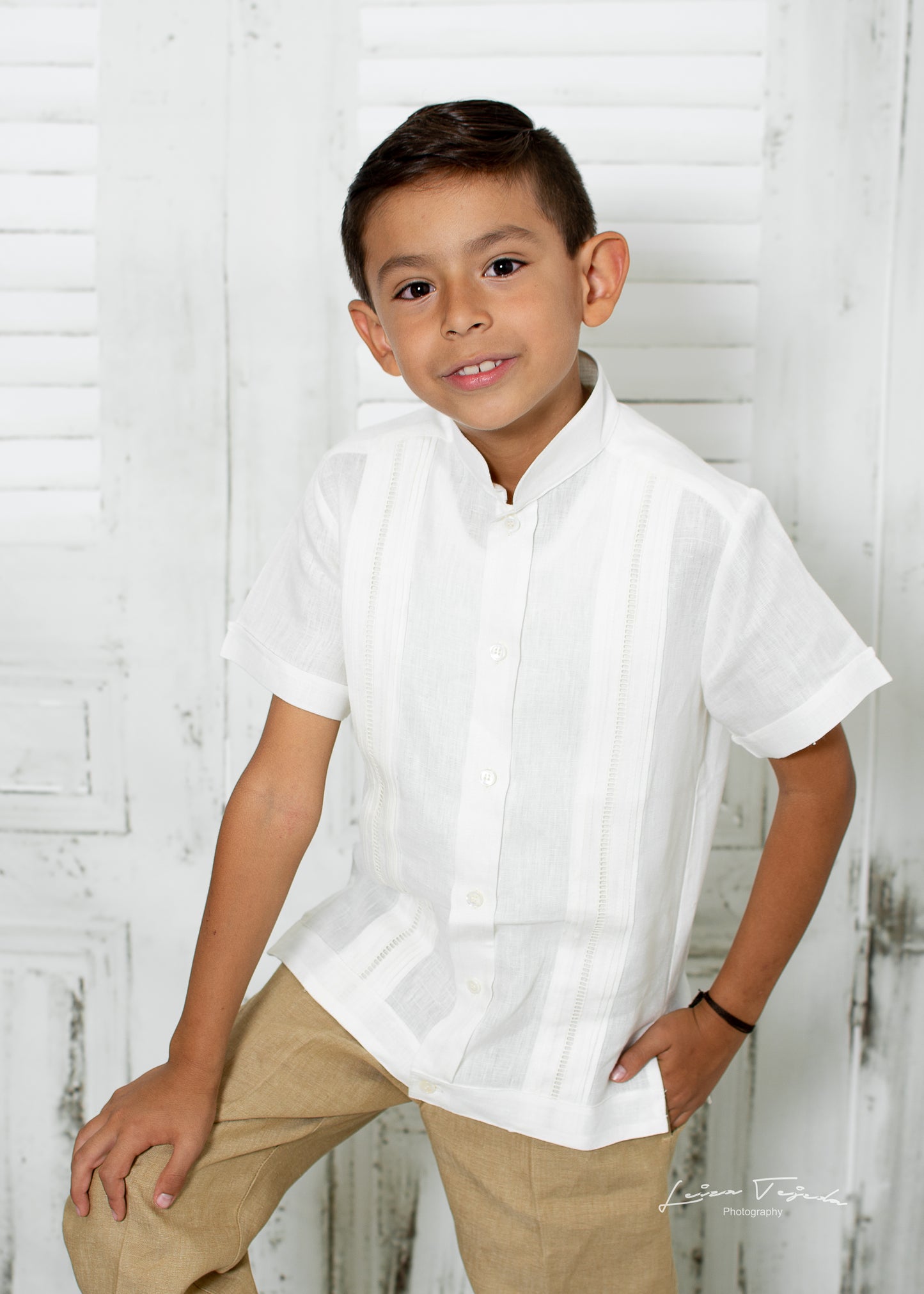 Camisa en lino manga corta entredos de vainica