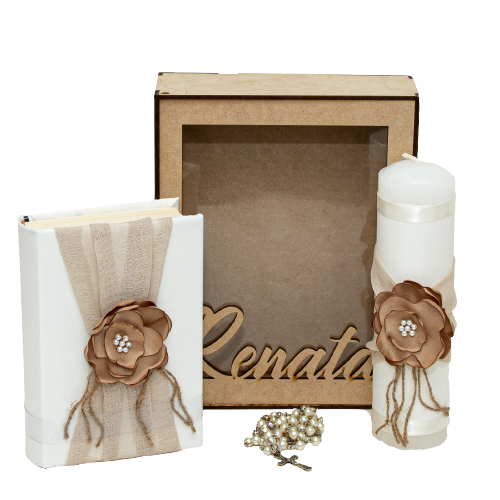Kit de Comunión o Confirmación para Niña de Color Beige con Flor Café