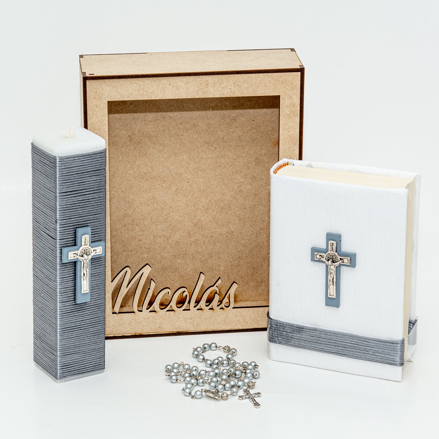 Kit De Comunión o Confirmación Para Niño, Chocolate, Gris, Marino. Biblia, Vela, Rosario