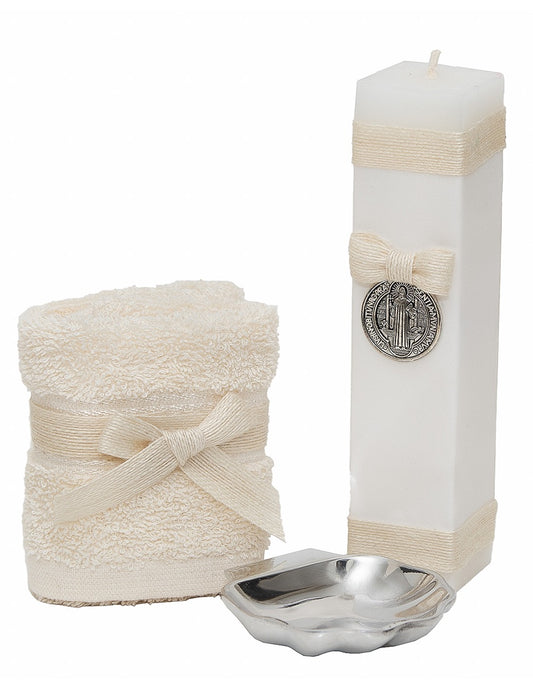 Kit De Bautizo Sn Benito Niño Niña Estuche Y Concha Pweter