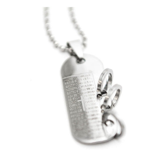 Collar Con Padre Nuestro Tipo Militar Plateado Y 3 Aros