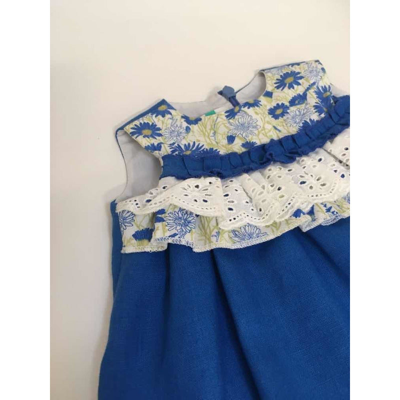 Vestido Casual Para Niña Bebe Diseño Tipo Español Azul Lino