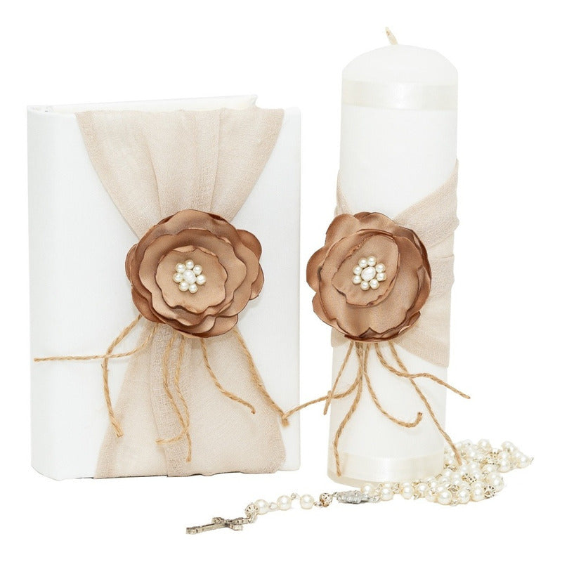Kit de Comunión o Confirmación para Niña de Color Beige con Flor Café