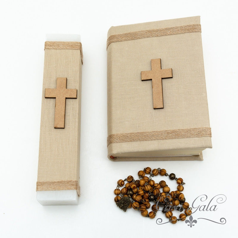 Paquete Kit De Comunión Y Moño De Brazo Capuchino Vela Cuadrada