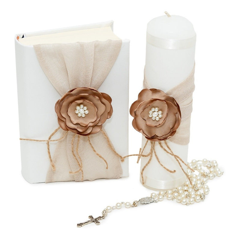 Kit de Comunión o Confirmación para Niña de Color Beige con Flor Café