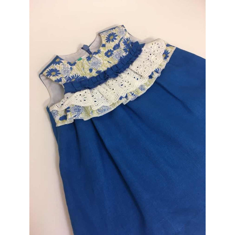 Vestido Casual Para Niña Bebe Diseño Tipo Español Azul Lino