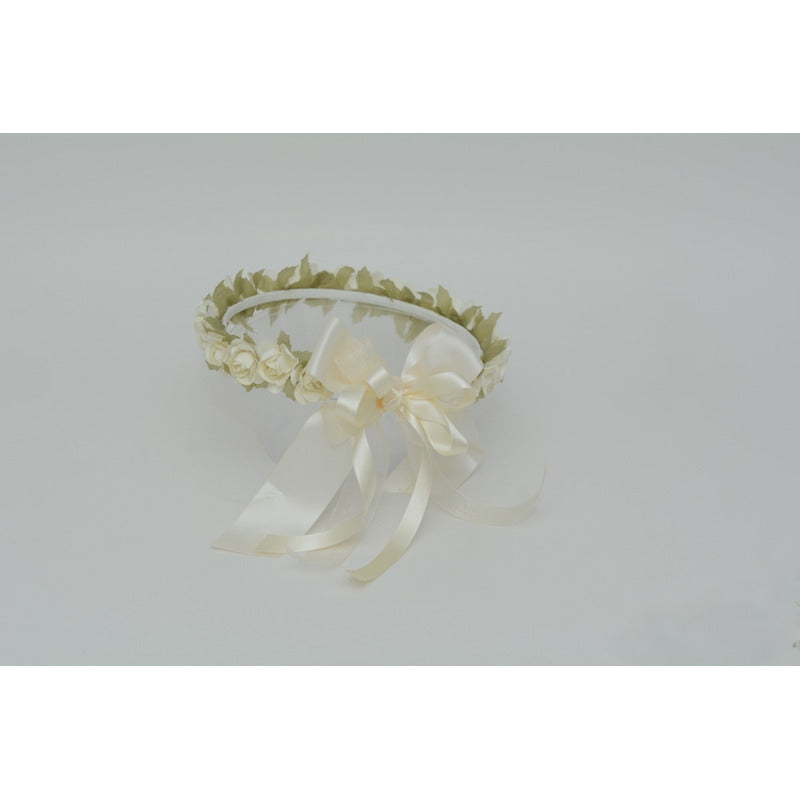 Tocado Corona Flores Comunión,3 Años, Pajes Flores Beige