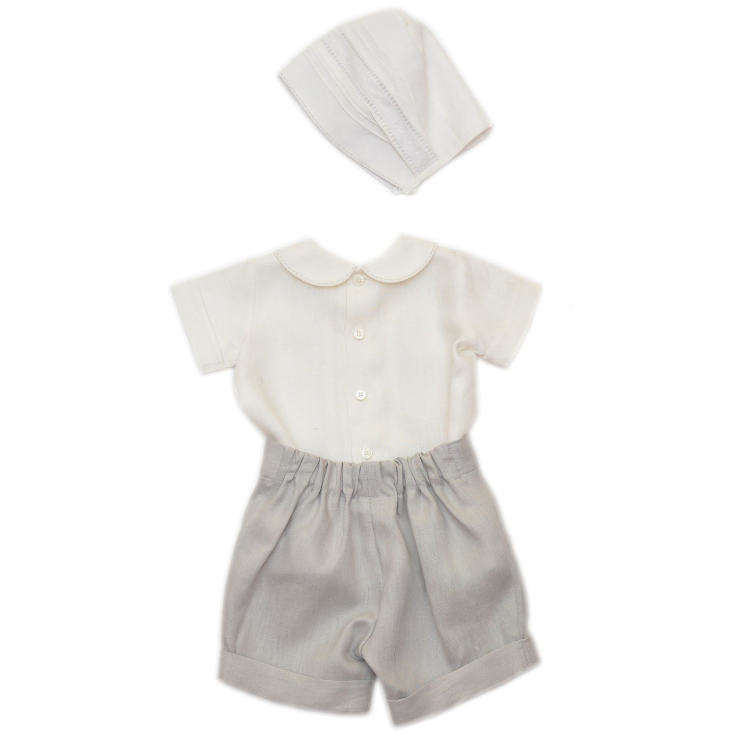 Ropón de lino camisa short con gorro y pespunte