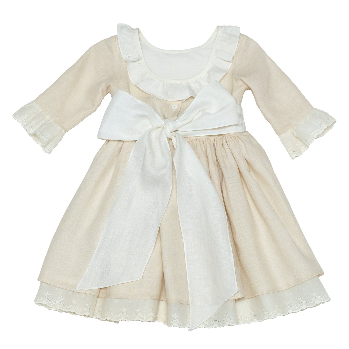 Vestido en lino con manga 3/4 y tira bordada