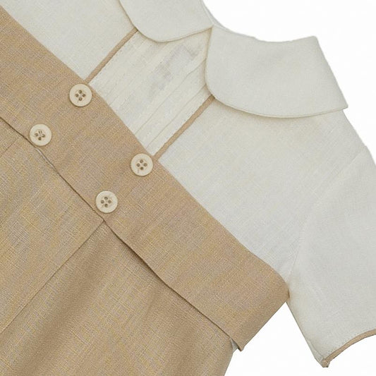 Ropón pañalero en lino combinado crudo con capuchino con gorro