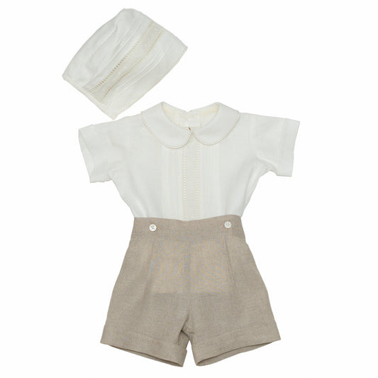 Ropón de lino camisa short con gorro y pespunte