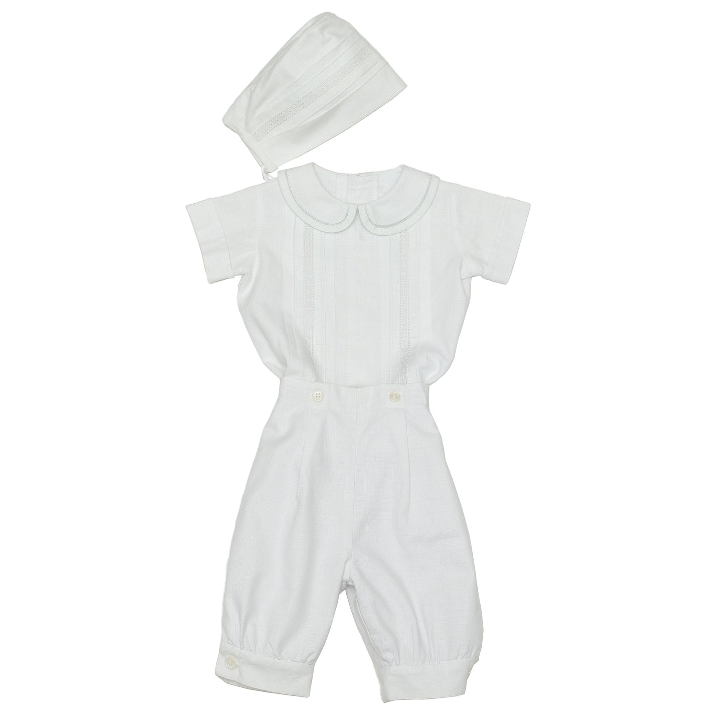 Ropón lino algodón, pantalón bombacho, camisa entredos de puntos y gorro