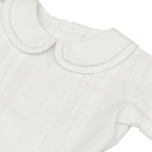 Ropón lino algodón, pantalón bombacho, camisa entredos de puntos y gorro