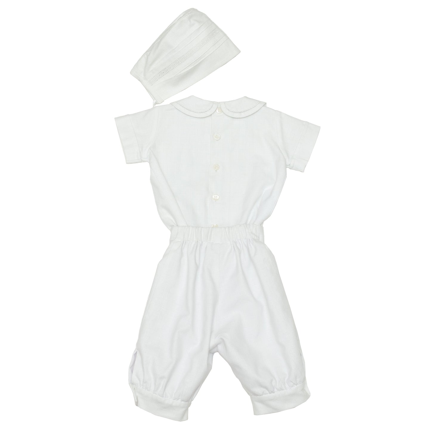 Ropón lino algodón, pantalón bombacho, camisa entredos de puntos y gorro