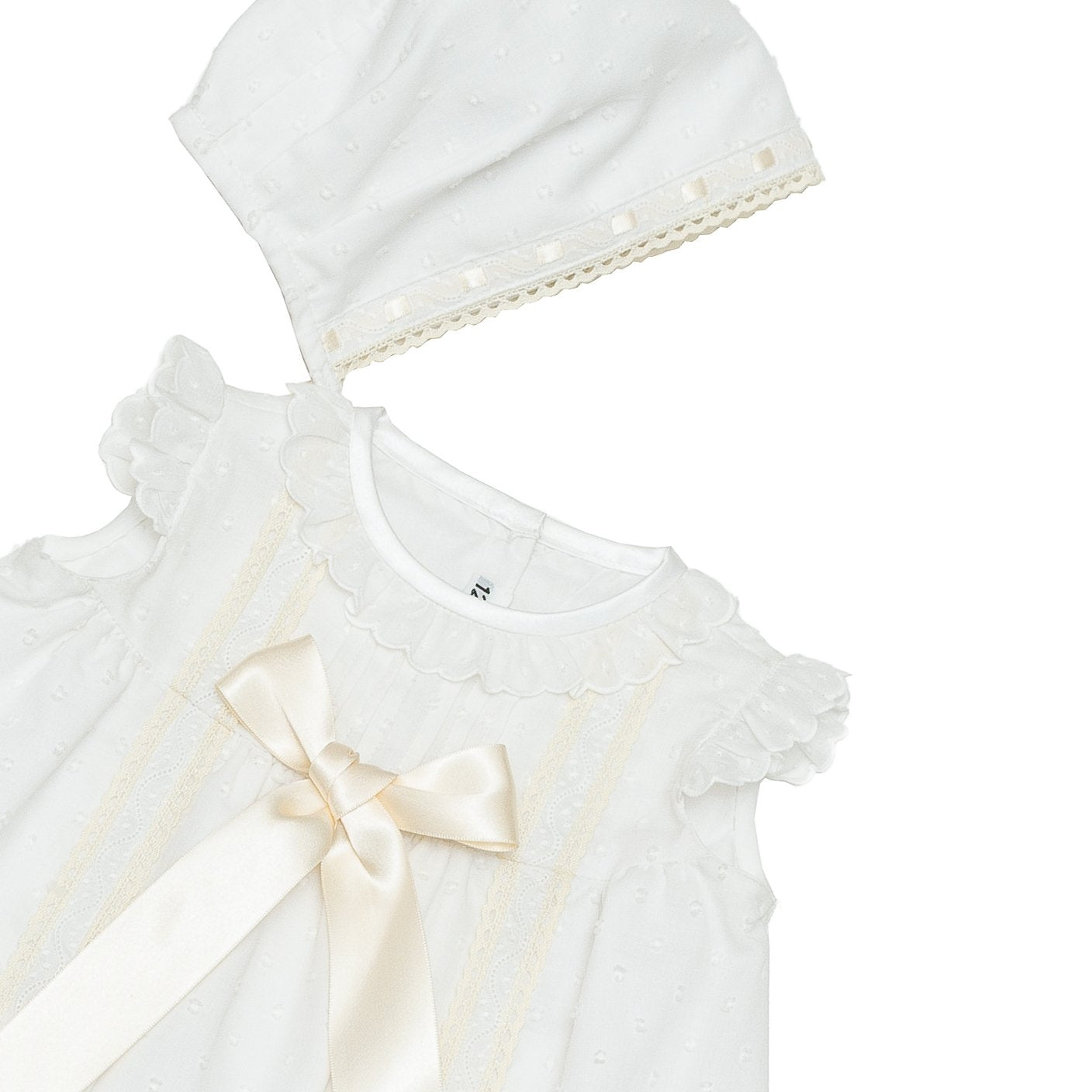 Ropon de plumeti combinado blanco con crudo, con gorro