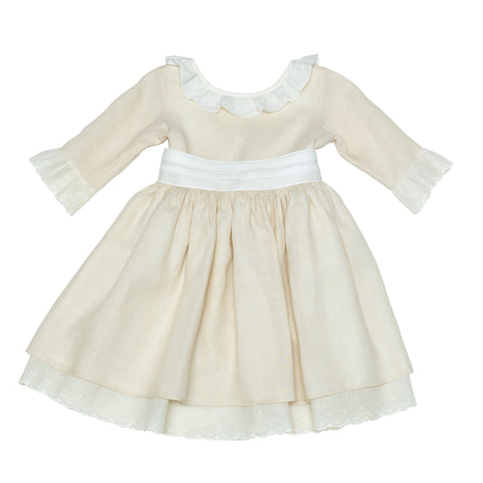 Vestido en lino con manga 3/4 y tira bordada