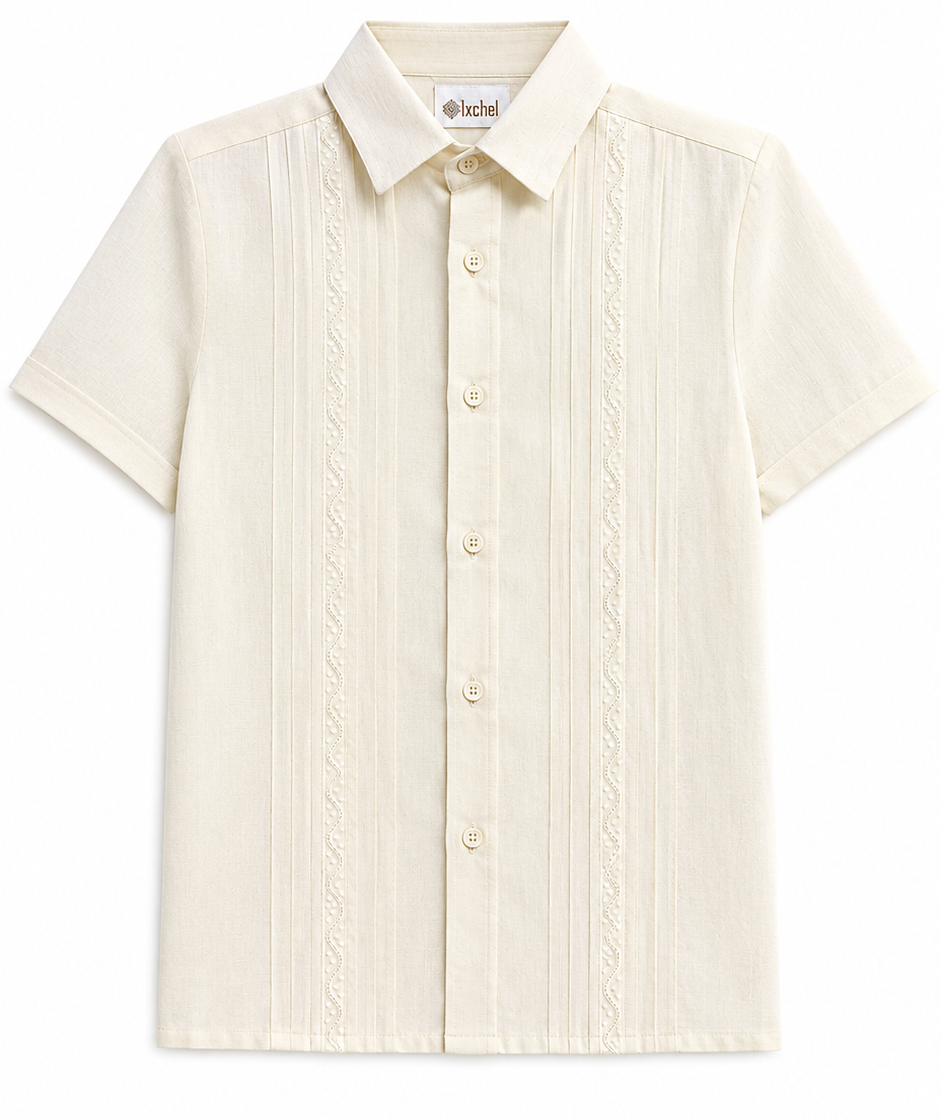 Camisa en lino manga corta con entredos de ondas Mod. 606C