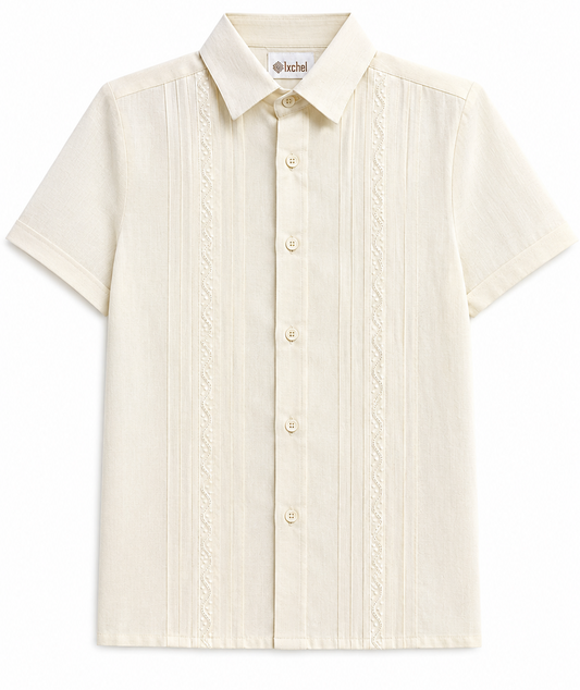 Camisa en lino manga corta con entredos de ondas Mod. 606C