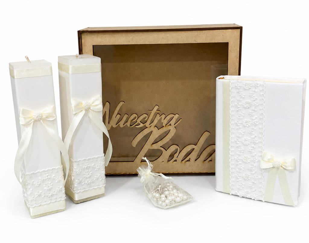 Kit de Boda, Comunión o Confirmación Beige con Guipur — Biblia, Vela y Rosario | Casa Gala