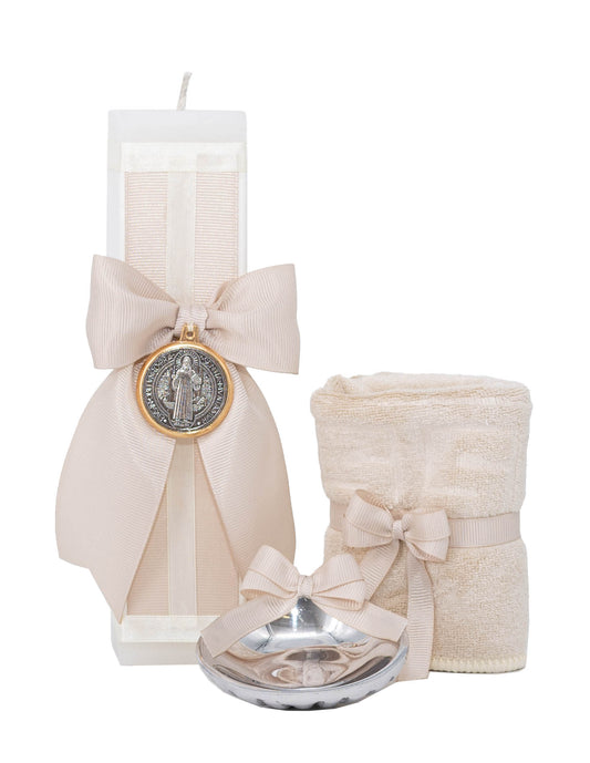Kit de Bautizo para Niña Beige con Moño y Medalla San Benito – Casa Gala Puebla