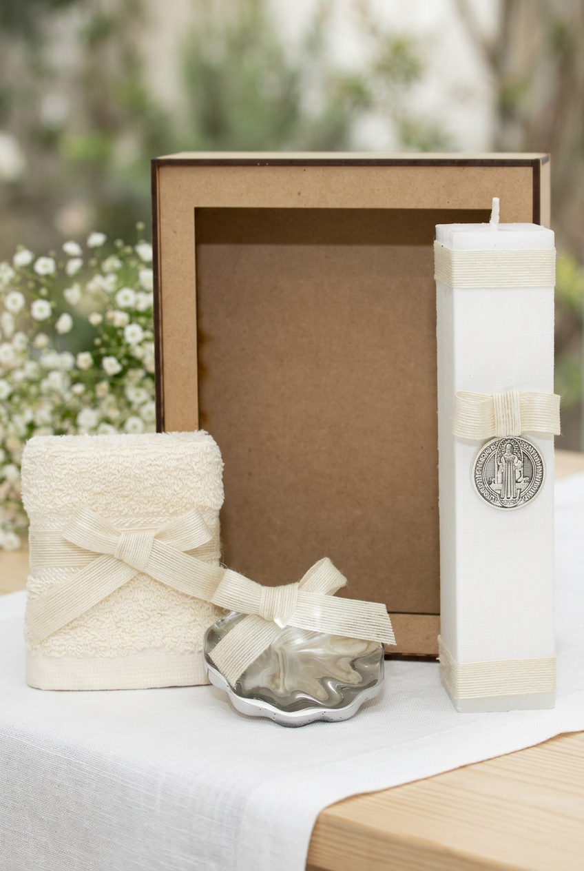 Kit de Bautizo para Niño o Niña Crudo con Concha de Pewter San Benito — Vela y Toalla | Casa Gala