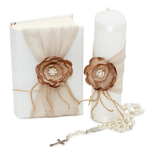 Kit de Comunión o Confirmación para Niña de Color Beige con Flor Café