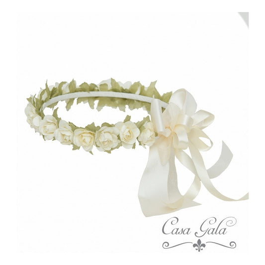 Tocado Corona Flores Comunión,3 Años, Pajes Flores Beige